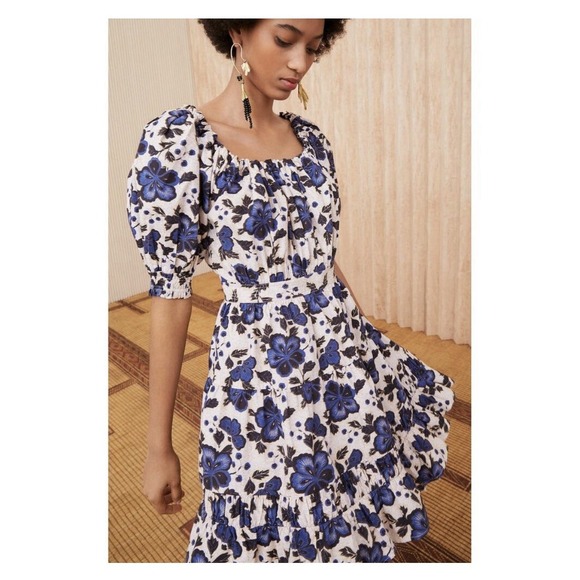 Ulla Johnson Celia Dress Lapis Floral Print Mini Puff Sleeve Tiered Size 0 Blue - Picture 16 of 16
